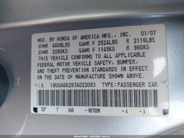 2007 Acura Tl 3.2 მანქანა იყიდება აუქციონზე, vin: 19UUA66297A022093, აუქციონის ნომერი: 44775002