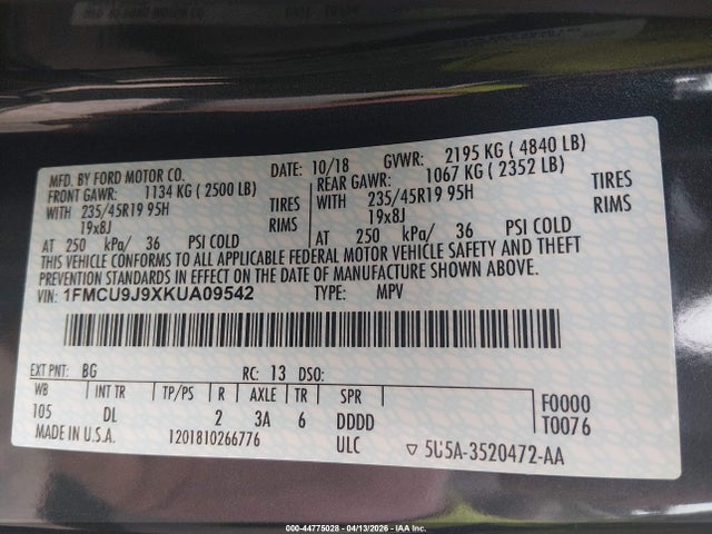 Aukcja sprzedaży 2019 Ford Escape Titanium, vin: 1FMCU9J9XKUA09542, numer aukcji: 44775028