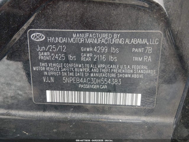 2013 Hyundai Sonata Gls მანქანა იყიდება აუქციონზე, vin: 5NPEB4AC3DH554383, აუქციონის ნომერი: 44775036