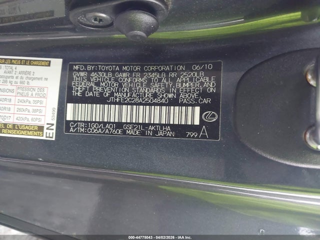 Aukcja sprzedaży 2010 Lexus Is 350c, vin: JTHFE2C28A2504840, numer aukcji: 44775043