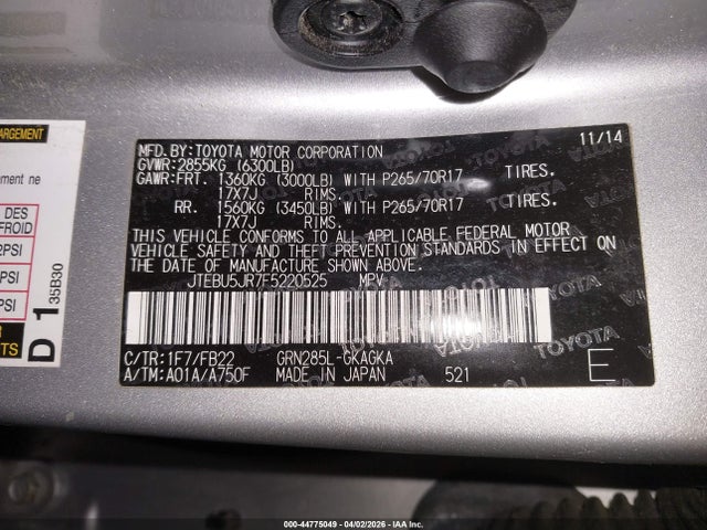 Продажа на аукционе авто 2015 Toyota 4runner Sr5, vin: JTEBU5JR7F5220525, номер лота: 44775049