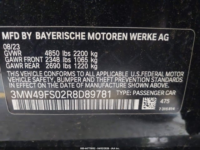 2024 Bmw M340i მანქანა იყიდება აუქციონზე, vin: 3MW49FS02R8D89781, აუქციონის ნომერი: 44775052