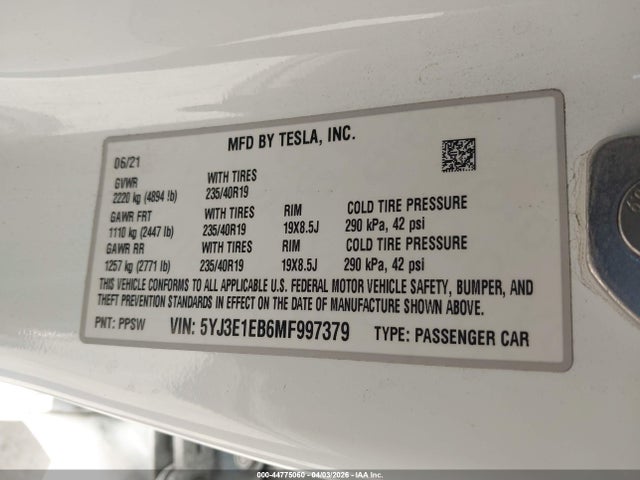 2021 TESLA MODEL 3 5YJ3E1EB6MF997379 Photo 8