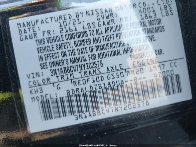 44775069 :رقم المزاد ، 3N1AB8CV7NY202578 vin ، 2022 Nissan Sentra Sv Xtronic Cvt مزاد بيع