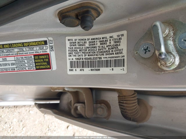 Продаж на аукціоні авто 2006 Honda Civic Lx, vin: 1HGFA16546L033799, номер лоту: 44775070