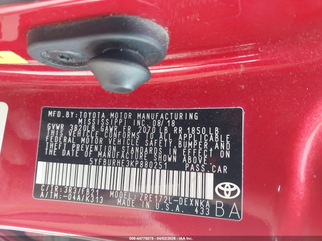 Aukcja sprzedaży 2019 Toyota Corolla Le, vin: 5YFBURHE3KP880251, numer aukcji: 44775075