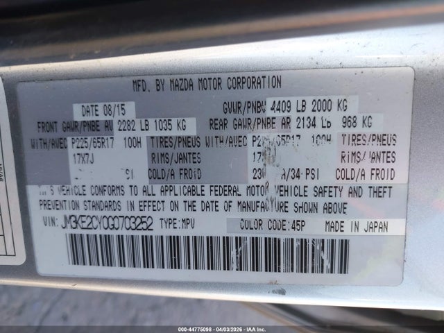Aukcja sprzedaży 2016 Mazda Cx-5 Touring, vin: JM3KE2CY0G0703252, numer aukcji: 44775098