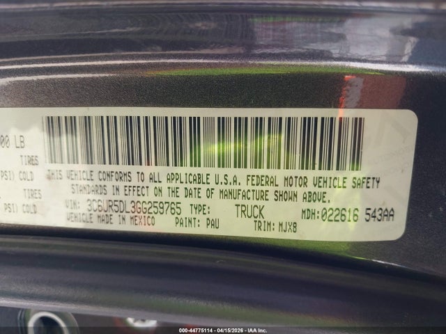 Продажа на аукционе авто 2016 Ram 2500 Outdoorsman, vin: 3C6UR5DL3GG259765, номер лота: 44775114