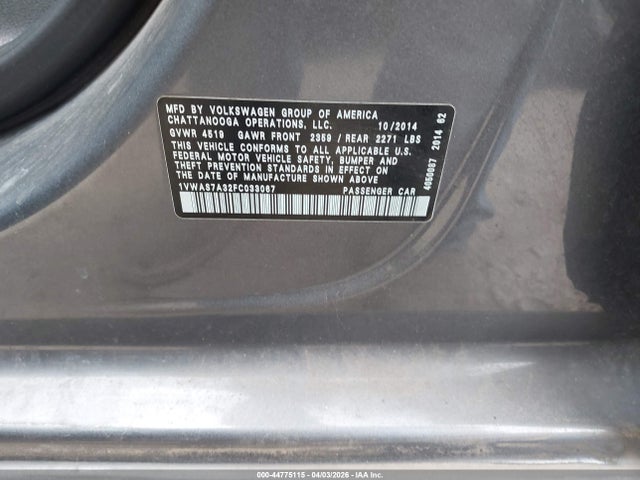 Aukcja sprzedaży 2015 Volkswagen Passat 1.8t Wolfsburg Edition, vin: 1VWAS7A32FC033067, numer aukcji: 44775115