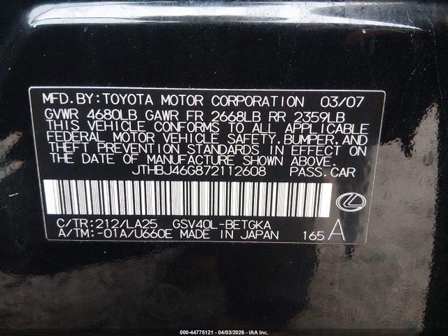 Продаж на аукціоні авто 2007 Lexus Es 350, vin: JTHBJ46G872112608, номер лоту: 44775121