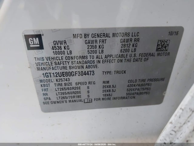 Aukcja sprzedaży 2016 Gmc Sierra 2500hd Denali, vin: 1GT12UE80GF304473, numer aukcji: 44775124