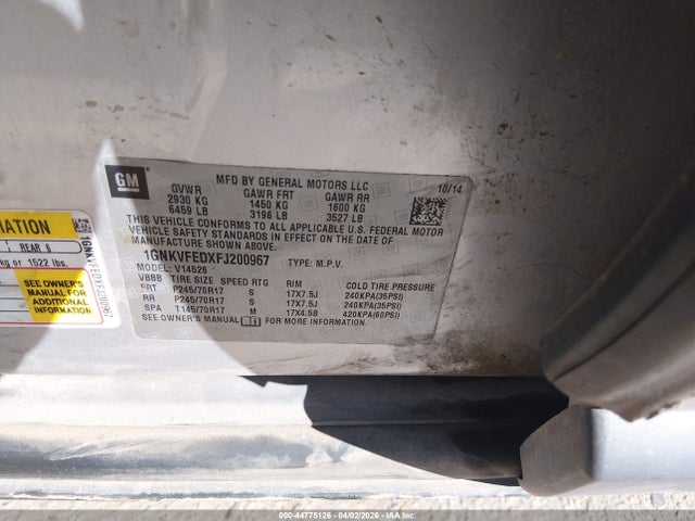 Продажа на аукционе авто 2015 Chevrolet Traverse Ls, vin: 1GNKVFEDXFJ200967, номер лота: 44775126