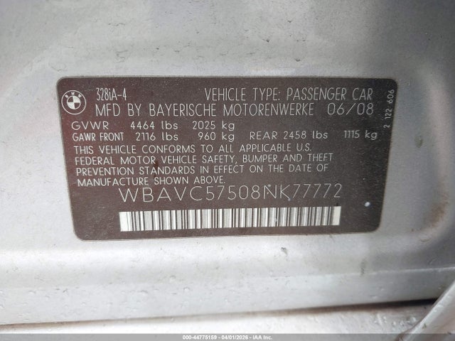 Продаж на аукціоні авто 2008 Bmw 328i, vin: WBAVC57508NK77772, номер лоту: 44775159