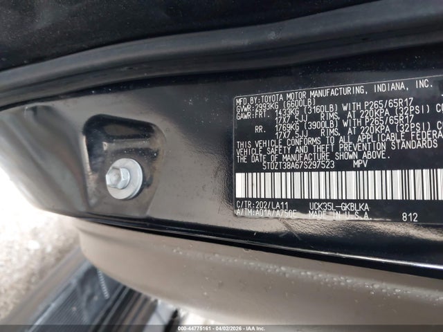 44775161 :رقم المزاد ، 5TDZT38A67S297523 vin ، 2007 Toyota Sequoia Limited V8 مزاد بيع