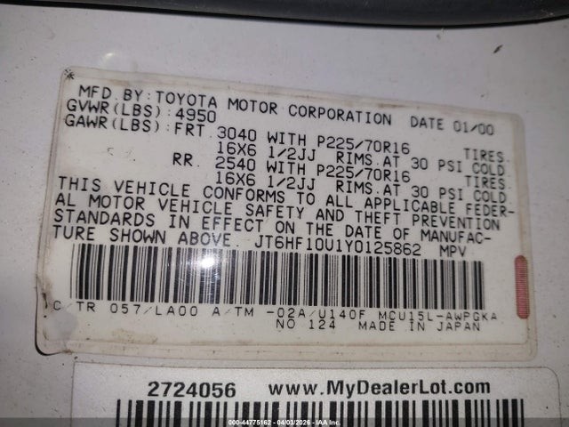 Продаж на аукціоні авто 2000 Lexus Rx 300, vin: JT6HF10U1Y0125862, номер лоту: 44775162