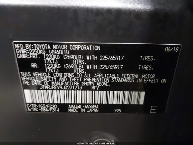 44775169 :رقم المزاد ، JTMRJREV9JD231213 vin ، 2018 Toyota Rav4 Hybrid Xle مزاد بيع