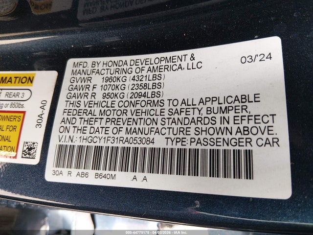 Aukcja sprzedaży 2024 Honda Accord Ex, vin: 1HGCY1F31RA053084, numer aukcji: 44775178
