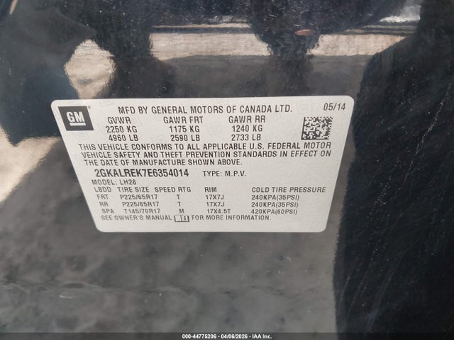 Aukcja sprzedaży 2014 Gmc Terrain Sle-2, vin: 2GKALREK7E6354014, numer aukcji: 44775206
