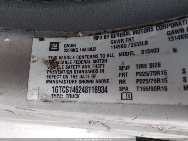 Aukcja sprzedaży 2004 Gmc Canyon Sle, vin: 1GTCS146248116934, numer aukcji: 44775239
