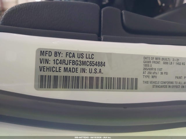 Aukcja sprzedaży 2021 Jeep Grand Cherokee Limited 4x4, vin: 1C4RJFBG3MC654884, numer aukcji: 44775243