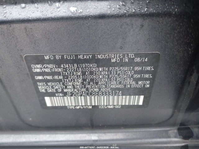 2014 Subaru Xv Crosstrek 2.0i Premium მანქანა იყიდება აუქციონზე, vin: JF2GPACC8E8333174, აუქციონის ნომერი: 44775257