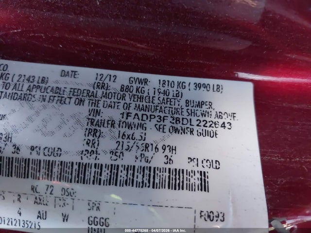 2013 Ford Focus Se მანქანა იყიდება აუქციონზე, vin: 1FADP3F28DL222643, აუქციონის ნომერი: 44775268