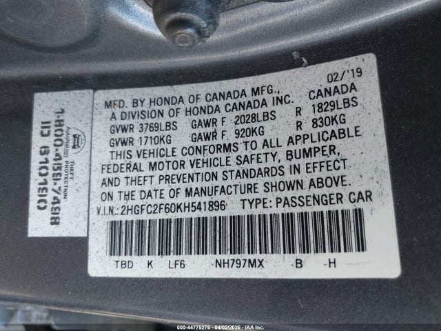 Honda Civic Lx 2019 2HGFC2F60KH541896 Image 9