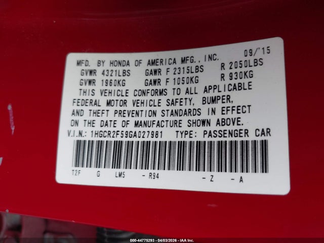 1HGCR2F59GA027981 Honda Accord Sport