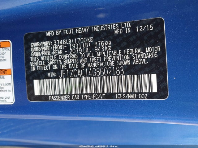 Aukcja sprzedaży 2016 Subaru Brz Limited, vin: JF1ZCAC14G8602183, numer aukcji: 44775301
