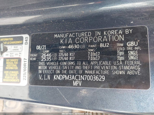 KNDPM3AC1N7003629 KIA Sportage Lx