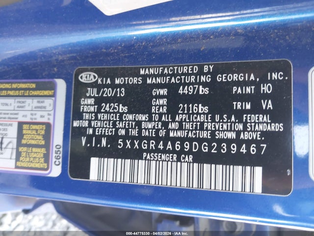44775330 :رقم المزاد ، 5XXGR4A69DG239467 vin ، 2013 Kia Optima Sx مزاد بيع