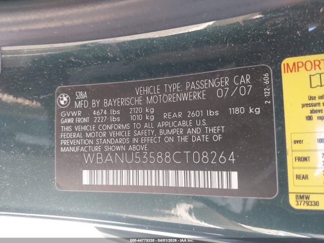 2008 Bmw 528i მანქანა იყიდება აუქციონზე, vin: WBANU53588CT08264, აუქციონის ნომერი: 44775338
