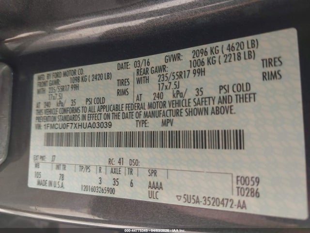 Aukcja sprzedaży 2017 Ford Escape S, vin: 1FMCU0F7XHUA03039, numer aukcji: 44775345