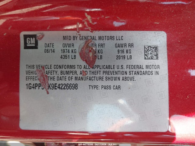 44775356 :رقم المزاد ، 1G4PP5SK9E4226698 vin ، 2014 Buick Verano مزاد بيع