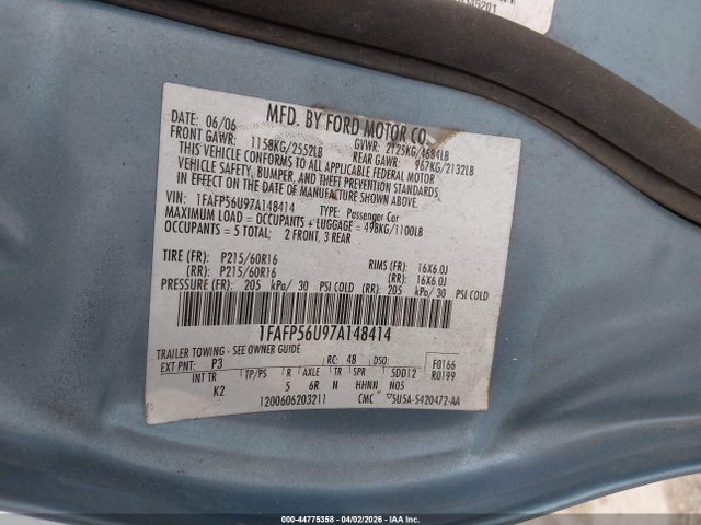 2007 FORD TAURUS 1FAFP56U97A148414 Photo 8