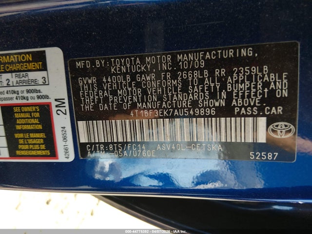 2010 Toyota Camry Se მანქანა იყიდება აუქციონზე, vin: 4T1BF3EK7AU549896, აუქციონის ნომერი: 44775392