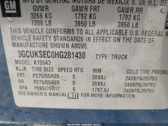 Aukcja sprzedaży 2017 Chevrolet Silverado 1500 1lz, vin: 3GCUKSEC0HG281430, numer aukcji: 44775394