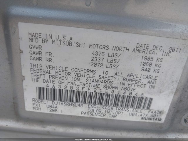 Продажа на аукционе авто 2012 Mitsubishi Galant Es/se, vin: 4A32B3FF2CE014048, номер лота: 44775396