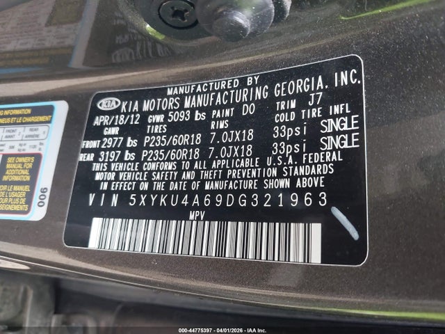 2013 Kia Sorento Ex მანქანა იყიდება აუქციონზე, vin: 5XYKU4A69DG321963, აუქციონის ნომერი: 44775397