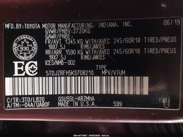 Aukcja sprzedaży 2019 Toyota Highlander Xle, vin: 5TDJZRFH5KS708210, numer aukcji: 44775407