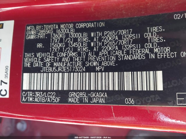 JTEBU5JR3E5173024 Toyota 4runner Trail Premium