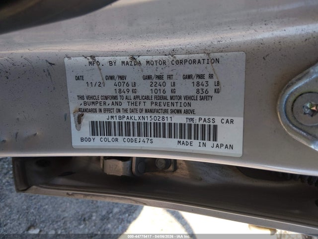 Продажа на аукционе авто 2022 Mazda Mazda3 Select, vin: JM1BPAKLXN1502811, номер лота: 44775417