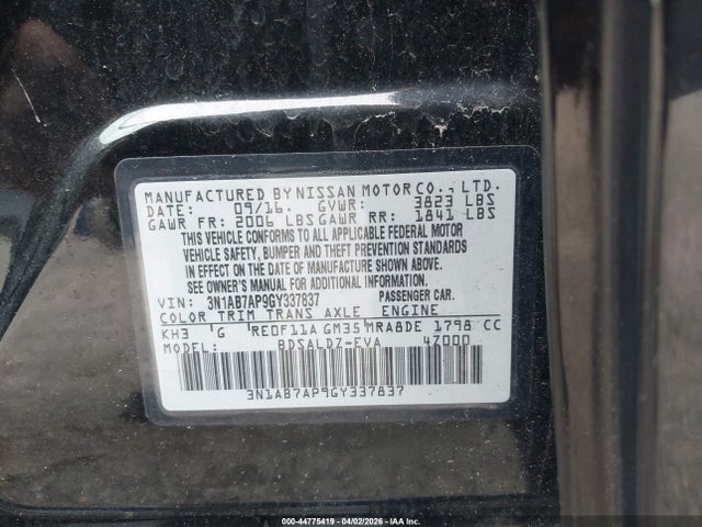 2016 Nissan Sentra Sv მანქანა იყიდება აუქციონზე, vin: 3N1AB7AP9GY337837, აუქციონის ნომერი: 44775419