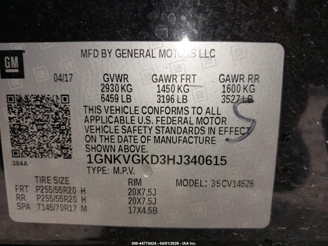 44775424 :رقم المزاد ، 1GNKVGKD3HJ340615 vin ، 2017 Chevrolet Traverse 1lt مزاد بيع