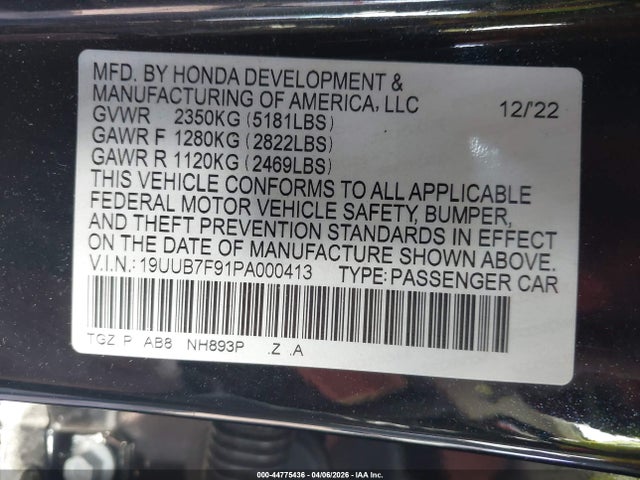 44775436 :رقم المزاد ، 19UUB7F91PA000413 vin ، 2023 Acura Tlx Type S - Hp Wheel And Tire مزاد بيع