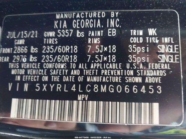 44775456 :رقم المزاد ، 5XYRL4LC8MG066453 vin ، 2021 Kia Sorento S مزاد بيع