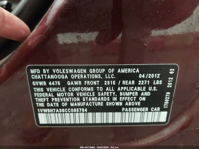 44775464 :رقم المزاد ، 1VWBH7A36CC085784 vin ، 2012 Volkswagen Passat 2.5l Se مزاد بيع
