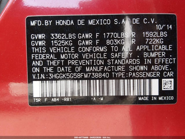 3HGGK5G58FM738840 Honda FIT LX