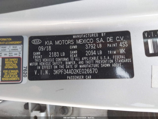 2019 Kia Forte S მანქანა იყიდება აუქციონზე, vin: 3KPF34AD2KE026670, აუქციონის ნომერი: 44775493
