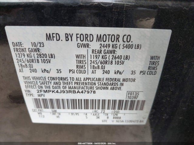 Продажа на аукционе авто 2024 Ford Edge Sel, vin: 2FMPK4J93RBA47978, номер лота: 44775506